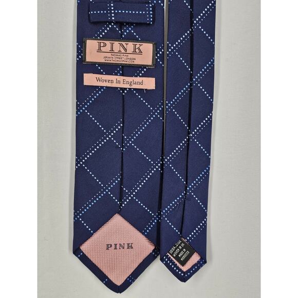 THOMAS PINK MEN'S 3" BLUE GRID DOT PATTERN NECKTIE – 100% SILK – WOVEN IN UK - Picture 3 of 12